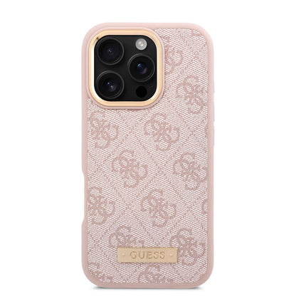 iPhone 16 Pro Kılıf Guess Orijinal Lisanslı M-safe Şarj Özellikli 4G Desenli PU Metal Plaka Klasik Logolu Kılıf