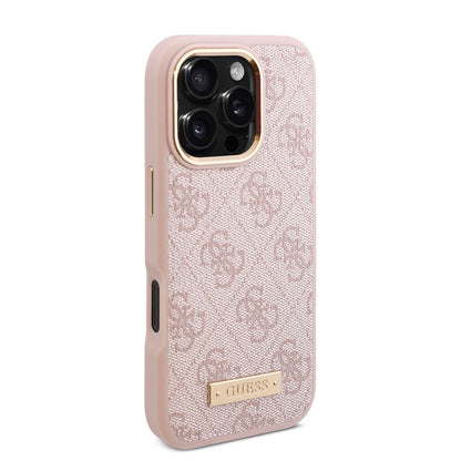 iPhone 16 Pro Kılıf Guess Orijinal Lisanslı M-safe Şarj Özellikli 4G Desenli PU Metal Plaka Klasik Logolu Kılıf