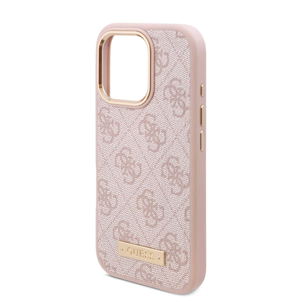 iPhone 16 Pro Kılıf Guess Orijinal Lisanslı M-safe Şarj Özellikli 4G Desenli PU Metal Plaka Klasik Logolu Kılıf