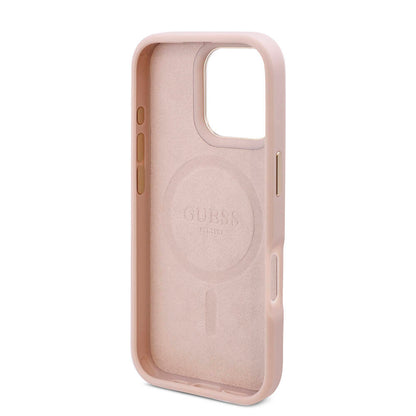 iPhone 16 Pro Kılıf Guess Orijinal Lisanslı M-safe Şarj Özellikli 4G Desenli PU Metal Plaka Klasik Logolu Kılıf