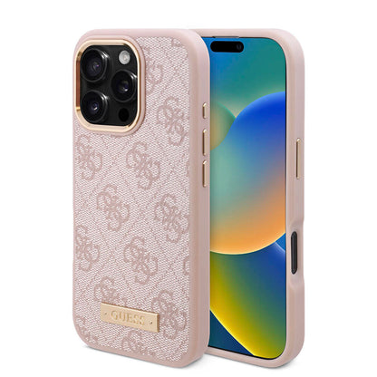 iPhone 16 Pro Kılıf Guess Orijinal Lisanslı M-safe Şarj Özellikli 4G Desenli PU Metal Plaka Klasik Logolu Kılıf