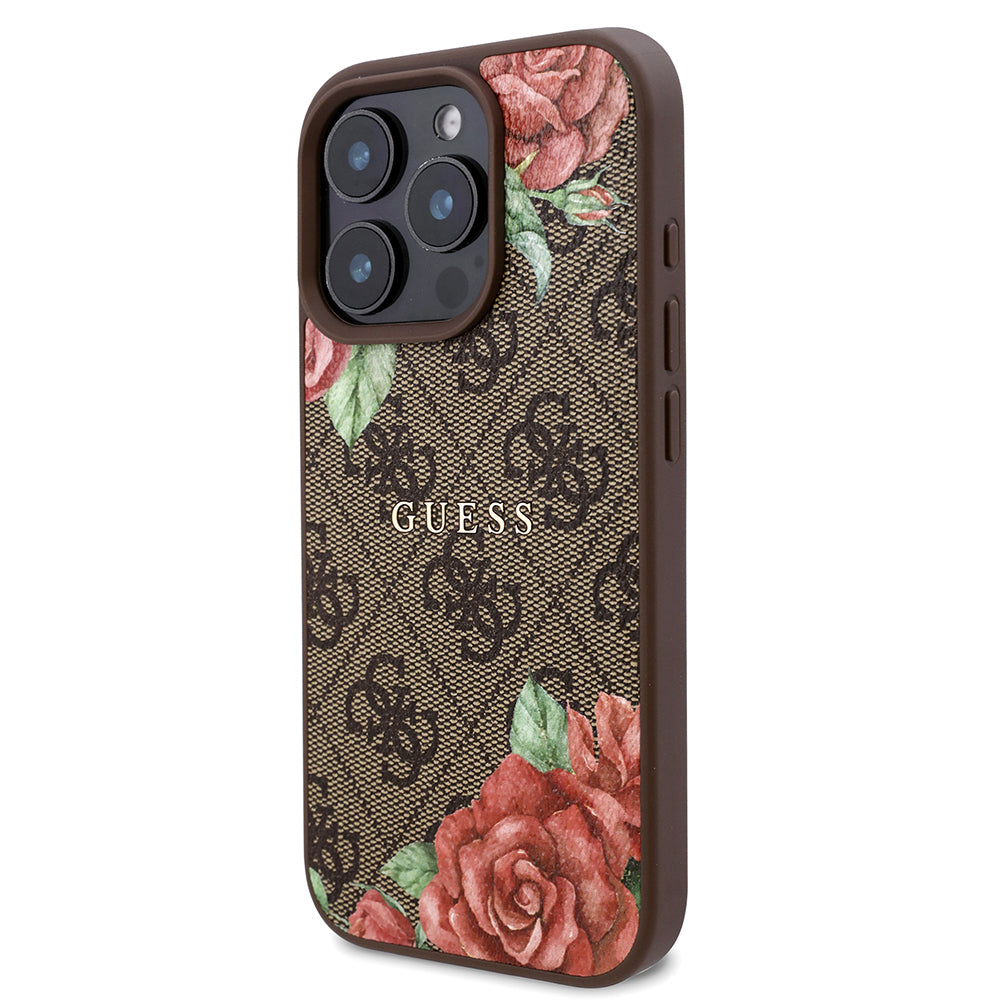 iPhone 16 Pro Kılıf Guess Orijinal Lisanslı M-safe Şarj Özellikli Gül Baskılı 4G Desenli Yazı Logolu Kılıf