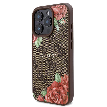 iPhone 16 Pro Kılıf Guess Orijinal Lisanslı M-safe Şarj Özellikli Gül Baskılı 4G Desenli Yazı Logolu Kılıf