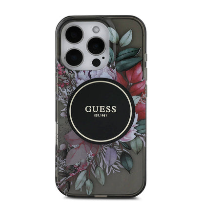 iPhone 16 Pro Kılıf Guess Orijinal Lisanslı M-safe Şarj Özellikli IML Baskılı Çiçek İnci Bileklikli Kılıf