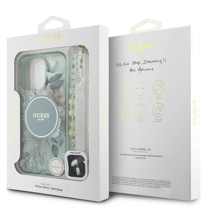 iPhone 16 Pro Kılıf Guess Orijinal Lisanslı M-safe Şarj Özellikli IML Baskılı Çiçek İnci Bileklikli Kılıf