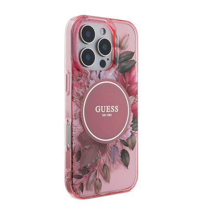 iPhone 16 Pro Kılıf Guess Orijinal Lisanslı M-safe Şarj Özellikli IML Baskılı Çiçek İnci Bileklikli Kılıf