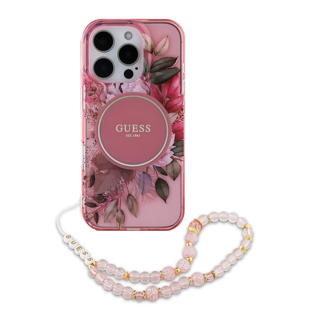 iPhone 16 Pro Kılıf Guess Orijinal Lisanslı M-safe Şarj Özellikli IML Baskılı Çiçek İnci Bileklikli Kılıf