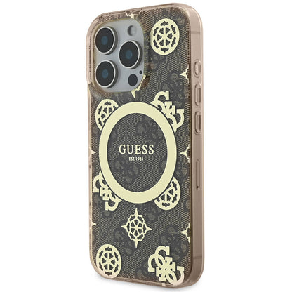 iPhone 16 Pro Kılıf Guess Orijinal Lisanslı M-safe Şarj Özellikli IML Peony ve 4G Desenli Klasik Logolu Kılıf