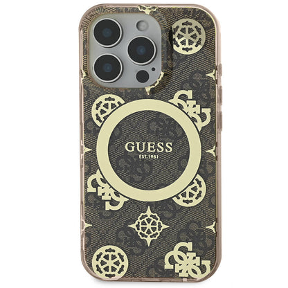 iPhone 16 Pro Kılıf Guess Orijinal Lisanslı M-safe Şarj Özellikli IML Peony ve 4G Desenli Klasik Logolu Kılıf