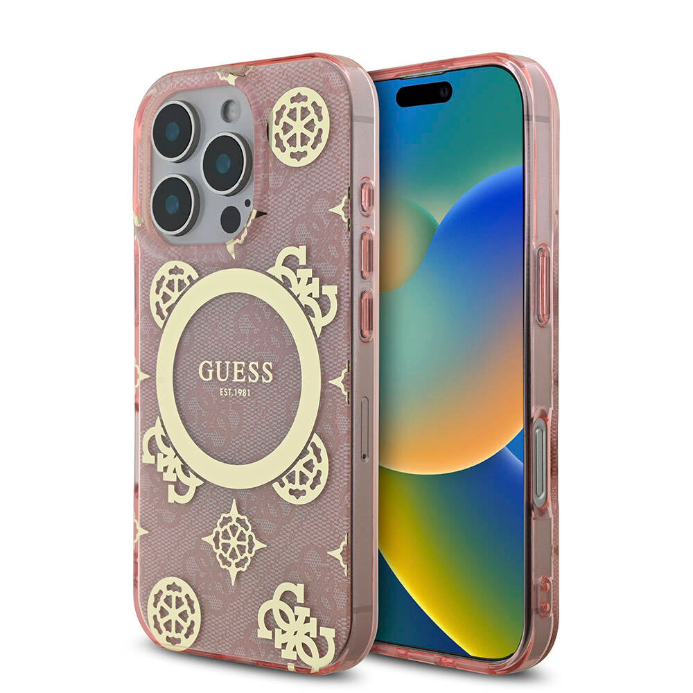iPhone 16 Pro Kılıf Guess Orijinal Lisanslı M-safe Şarj Özellikli IML Peony ve 4G Desenli Klasik Logolu Kılıf