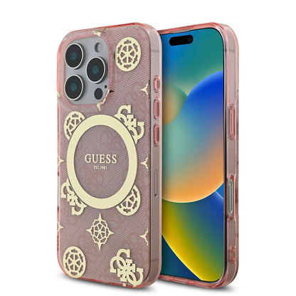 iPhone 16 Pro Kılıf Guess Orijinal Lisanslı M-safe Şarj Özellikli IML Peony ve 4G Desenli Klasik Logolu Kılıf