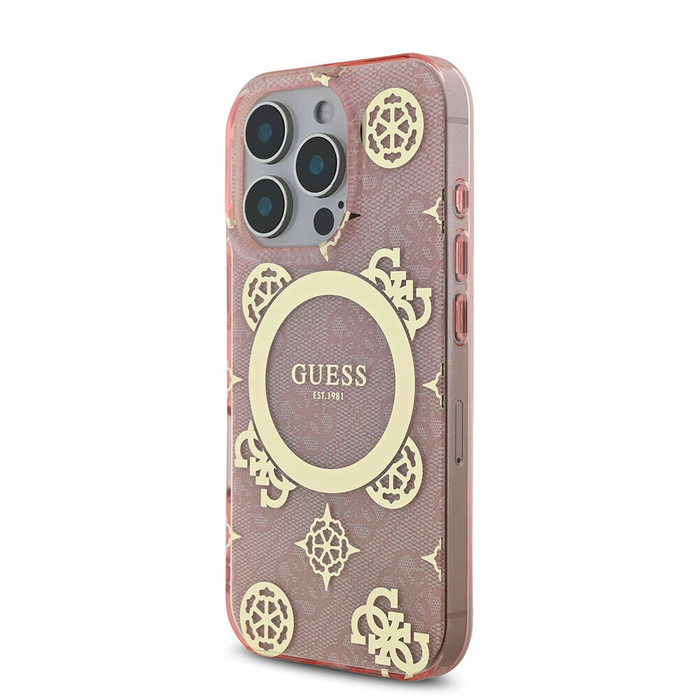 iPhone 16 Pro Kılıf Guess Orijinal Lisanslı M-safe Şarj Özellikli IML Peony ve 4G Desenli Klasik Logolu Kılıf