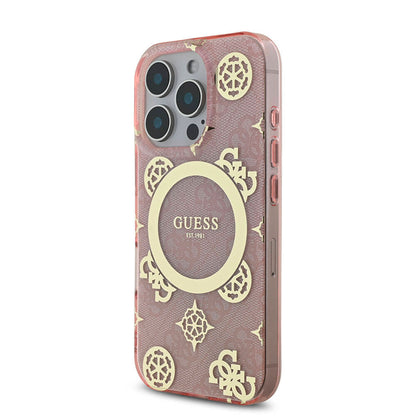 iPhone 16 Pro Kılıf Guess Orijinal Lisanslı M-safe Şarj Özellikli IML Peony ve 4G Desenli Klasik Logolu Kılıf