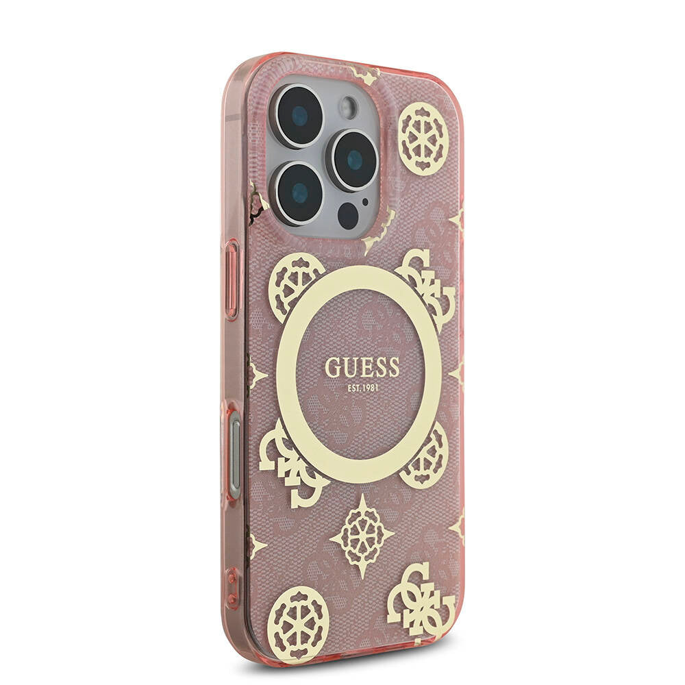 iPhone 16 Pro Kılıf Guess Orijinal Lisanslı M-safe Şarj Özellikli IML Peony ve 4G Desenli Klasik Logolu Kılıf