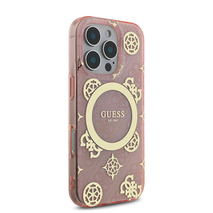 iPhone 16 Pro Kılıf Guess Orijinal Lisanslı M-safe Şarj Özellikli IML Peony ve 4G Desenli Klasik Logolu Kılıf