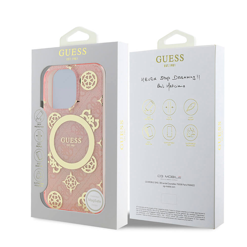 iPhone 16 Pro Kılıf Guess Orijinal Lisanslı M-safe Şarj Özellikli IML Peony ve 4G Desenli Klasik Logolu Kılıf