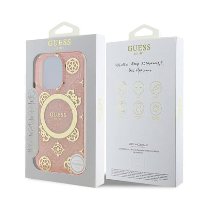 iPhone 16 Pro Kılıf Guess Orijinal Lisanslı M-safe Şarj Özellikli IML Peony ve 4G Desenli Klasik Logolu Kılıf