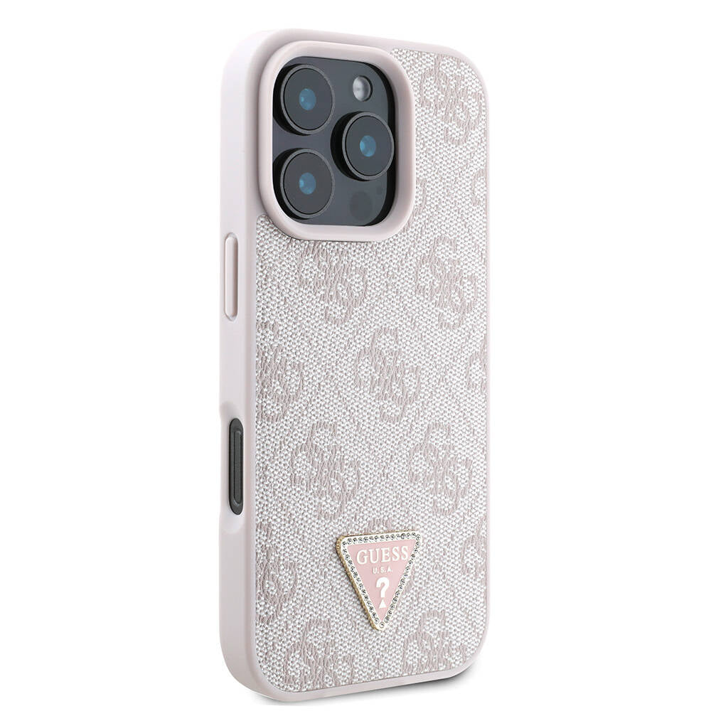 iPhone 16 Pro Kılıf Guess Orijinal Lisanslı M-safe Şarj Özellikli PU Deri 4G Desenli Taşlı Üçgen Logolu Kılıf