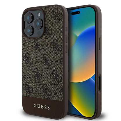 iPhone 16 Pro Kılıf Guess Orijinal Lisanslı M-safe Şarj Özellikli PU Deri Şerit Logo Dizaynlı Kılıf