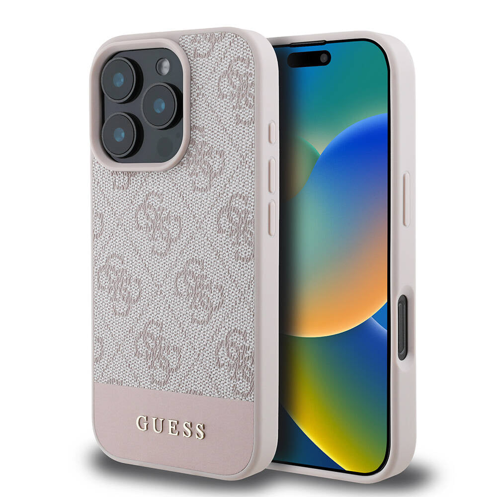 iPhone 16 Pro Kılıf Guess Orijinal Lisanslı M-safe Şarj Özellikli PU Deri Şerit Logo Dizaynlı Kılıf