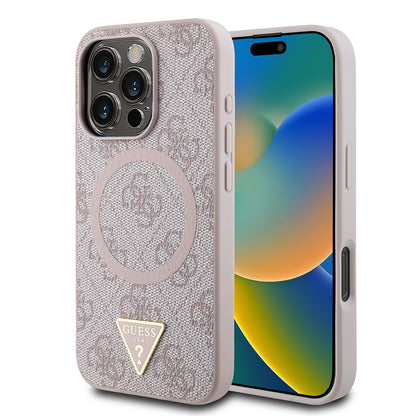 iPhone 16 Pro Kılıf Guess Orijinal Lisanslı M-safe Şarj Özellikli PU Üçgen Logo 4G Desenli Kılıf