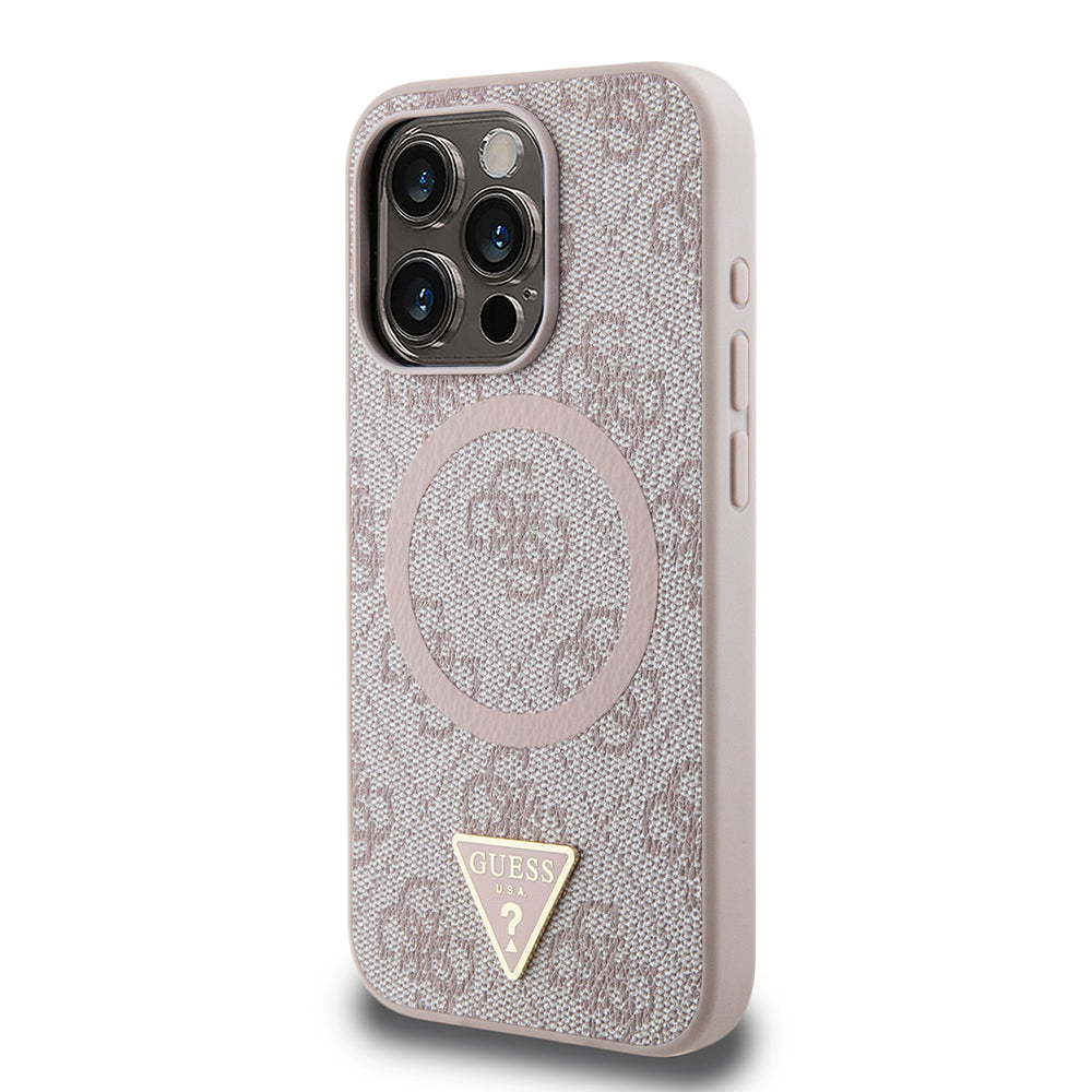 iPhone 16 Pro Kılıf Guess Orijinal Lisanslı M-safe Şarj Özellikli PU Üçgen Logo 4G Desenli Kılıf