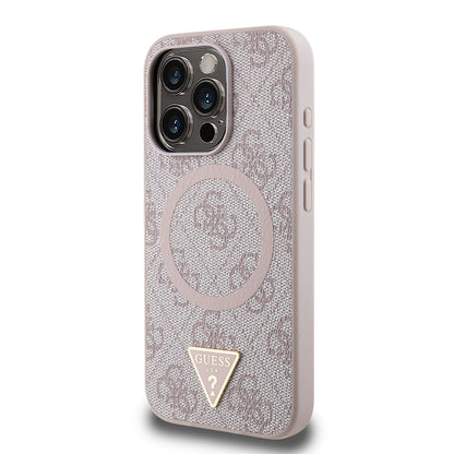 iPhone 16 Pro Kılıf Guess Orijinal Lisanslı M-safe Şarj Özellikli PU Üçgen Logo 4G Desenli Kılıf