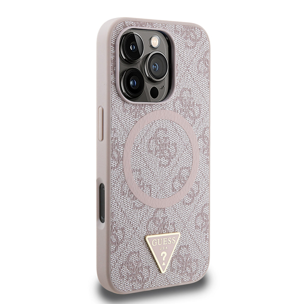 iPhone 16 Pro Kılıf Guess Orijinal Lisanslı M-safe Şarj Özellikli PU Üçgen Logo 4G Desenli Kılıf