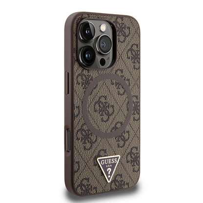 iPhone 16 Pro Kılıf Guess Orijinal Lisanslı M-safe Şarj Özellikli PU Üçgen Logo 4G Desenli Kılıf