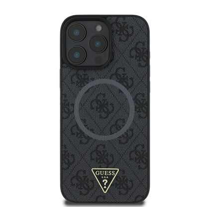 iPhone 16 Pro Kılıf Guess Orijinal Lisanslı M-safe Şarj Özellikli PU Üçgen Logo 4G Desenli Kılıf