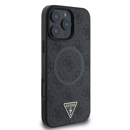 iPhone 16 Pro Kılıf Guess Orijinal Lisanslı M-safe Şarj Özellikli PU Üçgen Logo 4G Desenli Kılıf