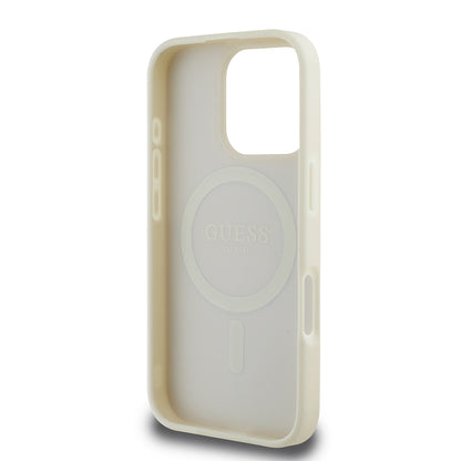 iPhone 16 Pro Kılıf Guess Orijinal Lisanslı M-safe Şarj Özellikli Sıcak Baskılı Üçgen Logolu PU Deri Peony Kılıf