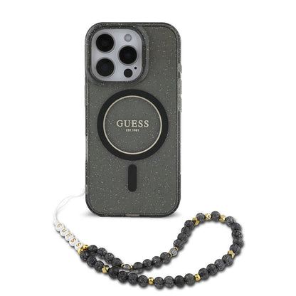 iPhone 16 Pro Kılıf Guess Orijinal Lisanslı M-safe Şarj Özellikli Simli Silikon İnci Bileklikli Kılıf