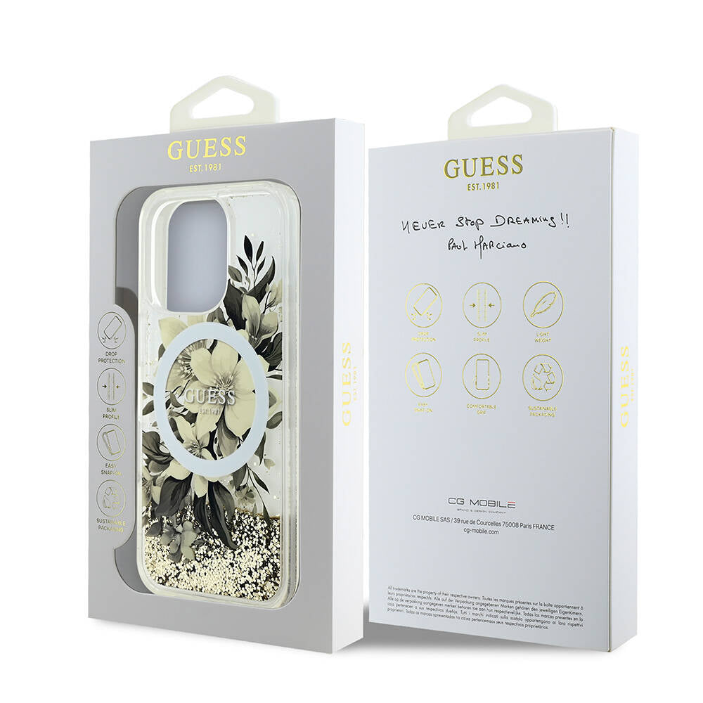 iPhone 16 Pro Kılıf Guess Orijinal Lisanslı M-safe Şarj Özellikli Sıvılı Simli Çiçek Desenli Kılıf