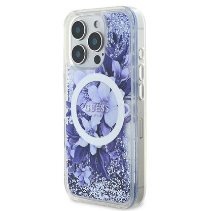 iPhone 16 Pro Kılıf Guess Orijinal Lisanslı M-safe Şarj Özellikli Sıvılı Simli Çiçek Desenli Kılıf