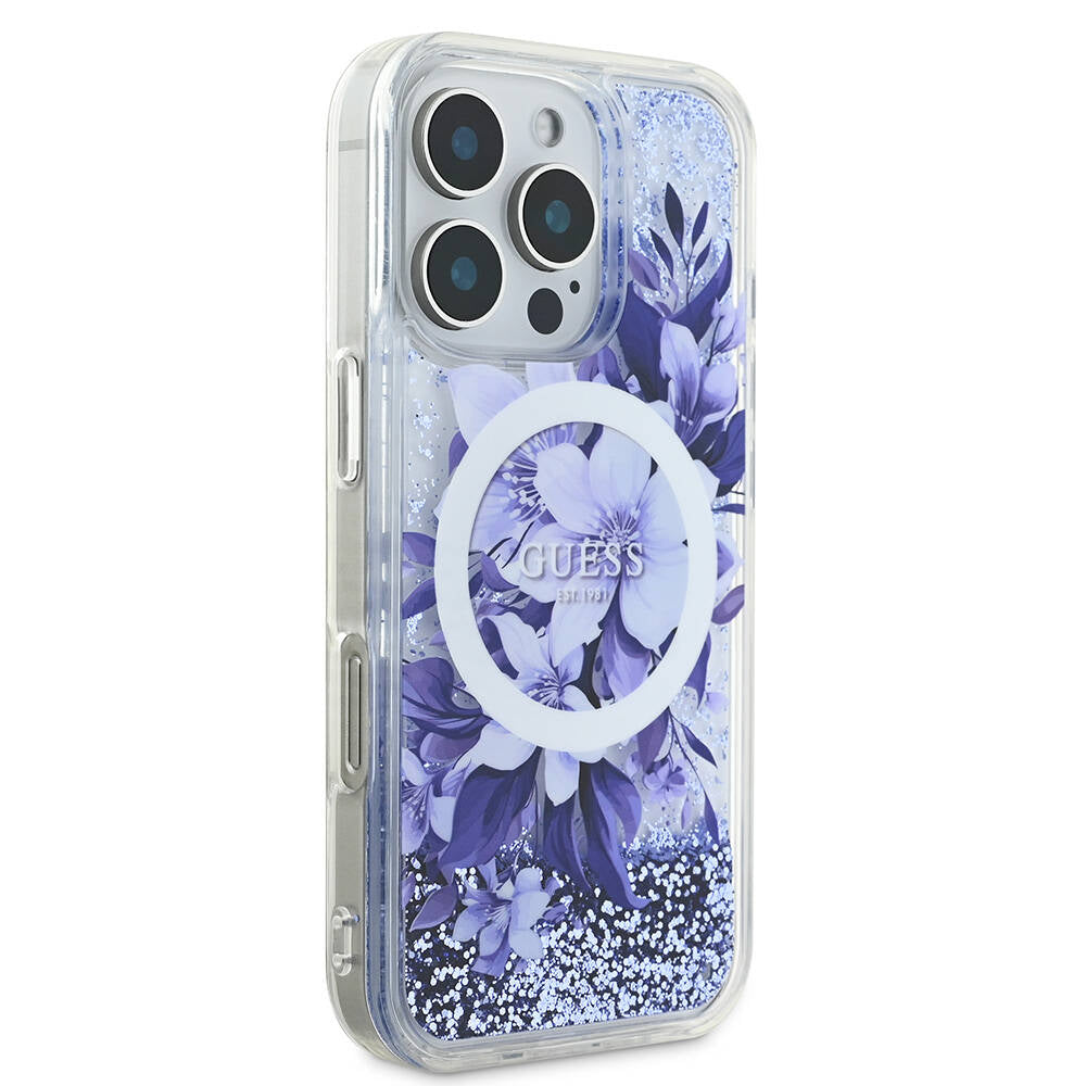 iPhone 16 Pro Kılıf Guess Orijinal Lisanslı M-safe Şarj Özellikli Sıvılı Simli Çiçek Desenli Kılıf