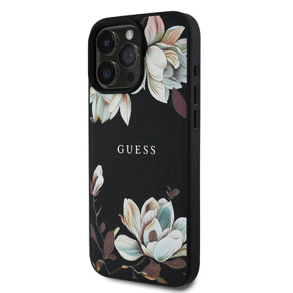 iPhone 16 Pro Kılıf Guess Orijinal Lisanslı M-safe Şarj Özellikli Taneli Çiçek Tasarımlı Metal Yazı Logolu Kılıf