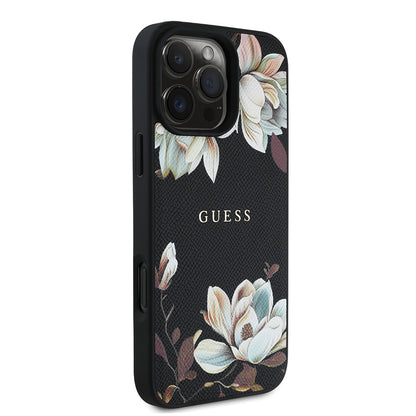 iPhone 16 Pro Kılıf Guess Orijinal Lisanslı M-safe Şarj Özellikli Taneli Çiçek Tasarımlı Metal Yazı Logolu Kılıf