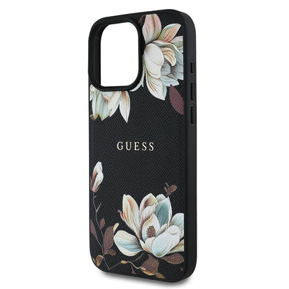iPhone 16 Pro Kılıf Guess Orijinal Lisanslı M-safe Şarj Özellikli Taneli Çiçek Tasarımlı Metal Yazı Logolu Kılıf