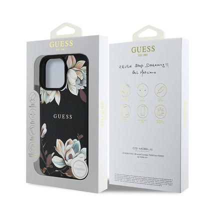 iPhone 16 Pro Kılıf Guess Orijinal Lisanslı M-safe Şarj Özellikli Taneli Çiçek Tasarımlı Metal Yazı Logolu Kılıf