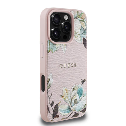 iPhone 16 Pro Kılıf Guess Orijinal Lisanslı M-safe Şarj Özellikli Taneli Çiçek Tasarımlı Metal Yazı Logolu Kılıf
