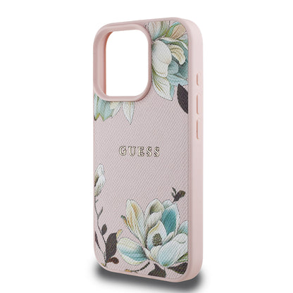 iPhone 16 Pro Kılıf Guess Orijinal Lisanslı M-safe Şarj Özellikli Taneli Çiçek Tasarımlı Metal Yazı Logolu Kılıf