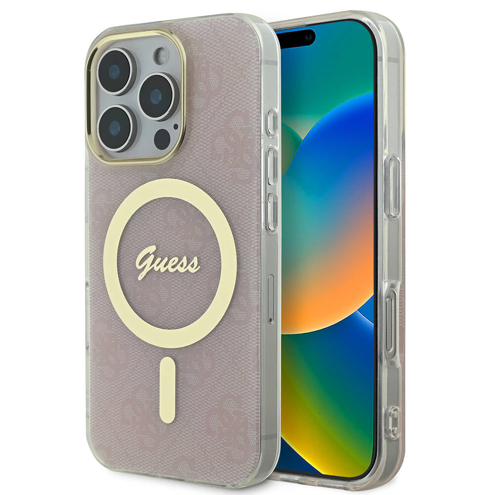iPhone 16 Pro Kılıf Guess Orijinal Lisanslı M-safe Şarj Özellikli Yazı Logolu 4G Desenli Kılıf