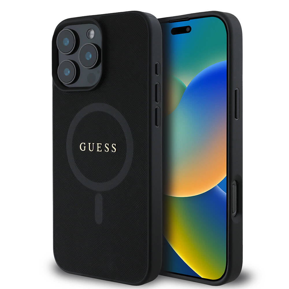 iPhone 16 Pro Kılıf Guess Orijinal Lisanslı M-safe Şarj Özellikli Yazı Logolu Saffiano Classic Kılıf
