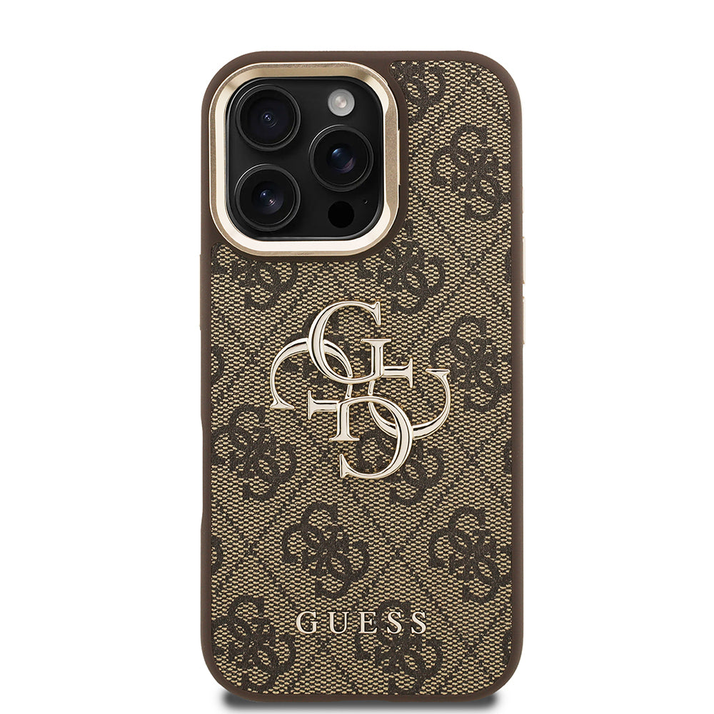 iPhone 16 Pro Kılıf Guess Orijinal Lisanslı PU Deri 4G Desenli Metal Büyük 4G ve Yazı Logolu Kamera Standlı Kılıf