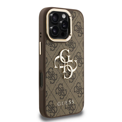 iPhone 16 Pro Kılıf Guess Orijinal Lisanslı PU Deri 4G Desenli Metal Büyük 4G ve Yazı Logolu Kamera Standlı Kılıf