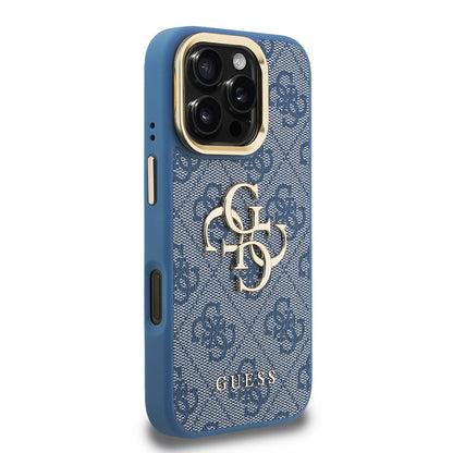 iPhone 16 Pro Kılıf Guess Orijinal Lisanslı PU Deri 4G Desenli Metal Büyük 4G ve Yazı Logolu Kamera Standlı Kılıf