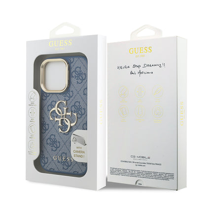 iPhone 16 Pro Kılıf Guess Orijinal Lisanslı PU Deri 4G Desenli Metal Büyük 4G ve Yazı Logolu Kamera Standlı Kılıf