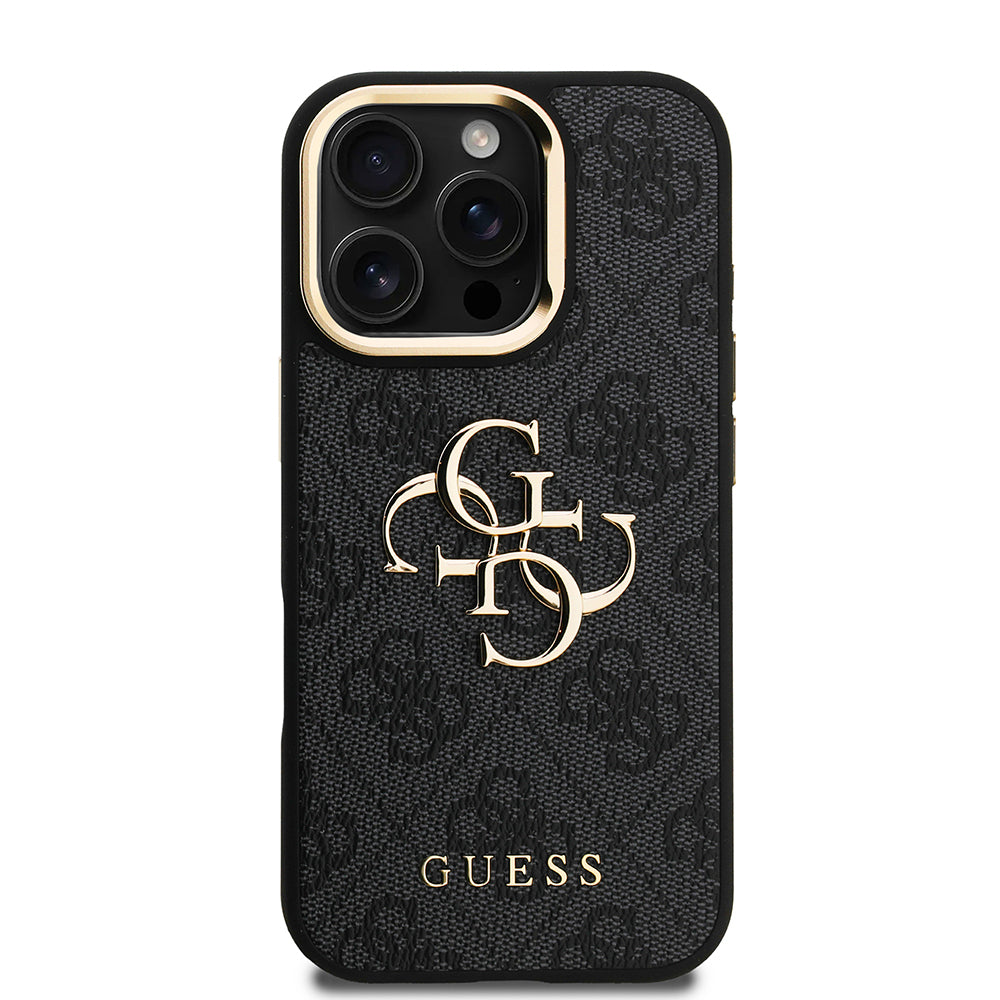 iPhone 16 Pro Kılıf Guess Orijinal Lisanslı PU Deri 4G Desenli Metal Büyük 4G ve Yazı Logolu Kamera Standlı Kılıf