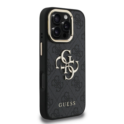 iPhone 16 Pro Kılıf Guess Orijinal Lisanslı PU Deri 4G Desenli Metal Büyük 4G ve Yazı Logolu Kamera Standlı Kılıf